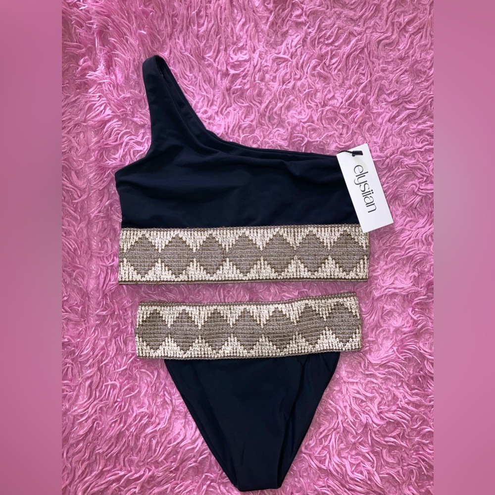 NWT Elysiian Milos Two Piece Woven Swimsuit Black & Beige Size S-M